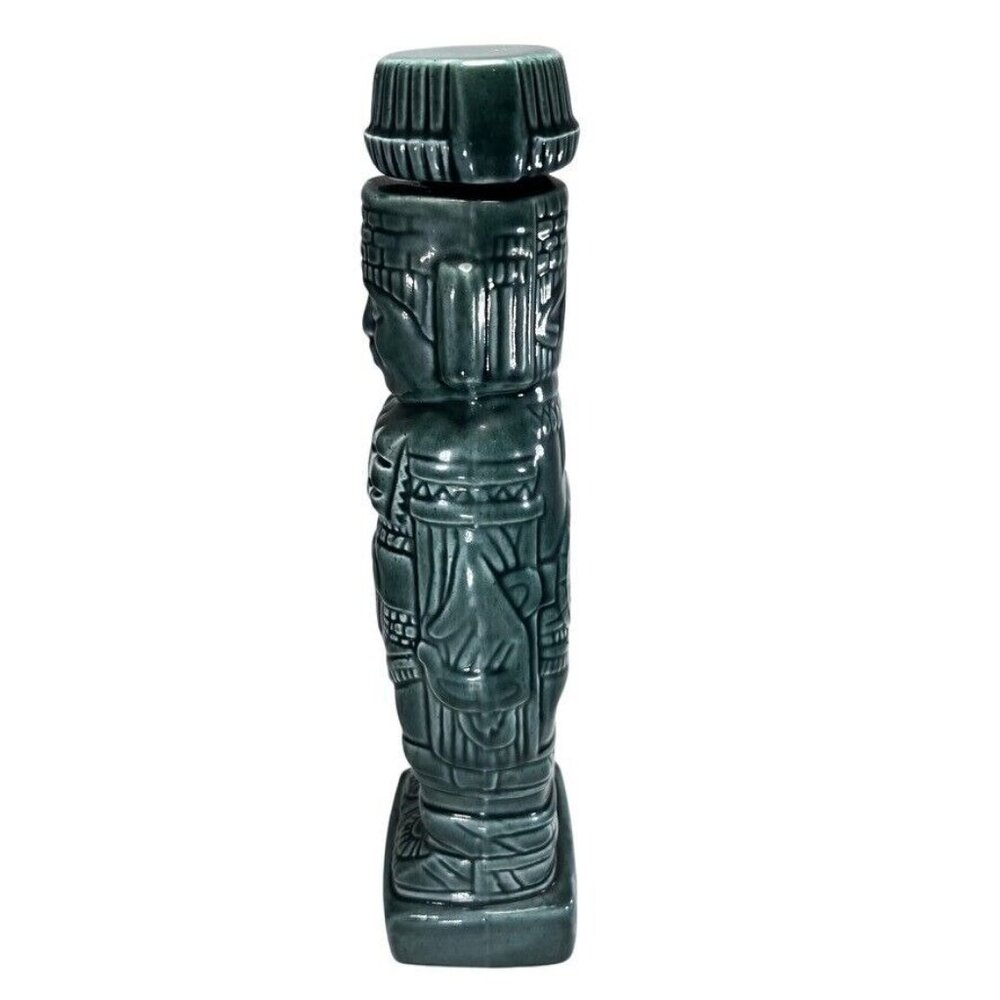 Vtg 1960 Ceramic Tiki Decanter Cork Shot Glasses Aztec Mayan Idol Green Set of 7 - Picture 5 of 16